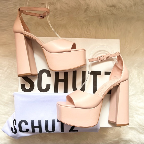 New! SCHUTZ Elsie Leather Platform Square Heel Sandals - Picture 3 of 15